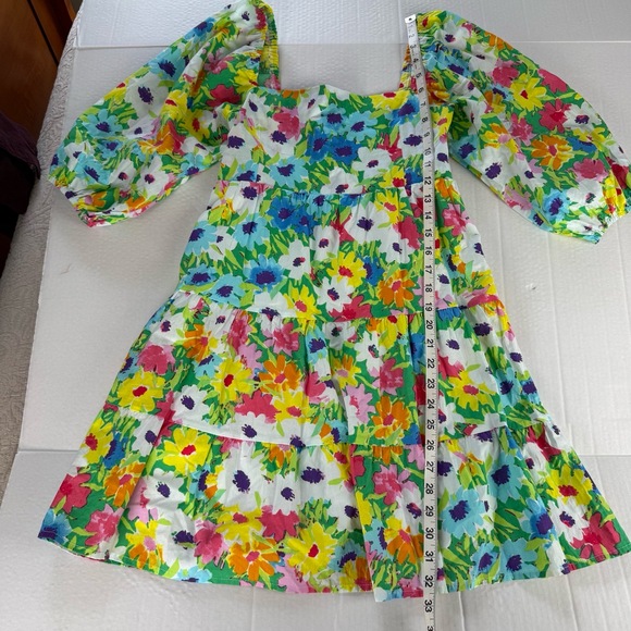 Karlie‎ Multicolor Floral Puff Sleeve Smocked Tiered Mini Dress Size Medium - Picture 9 of 10